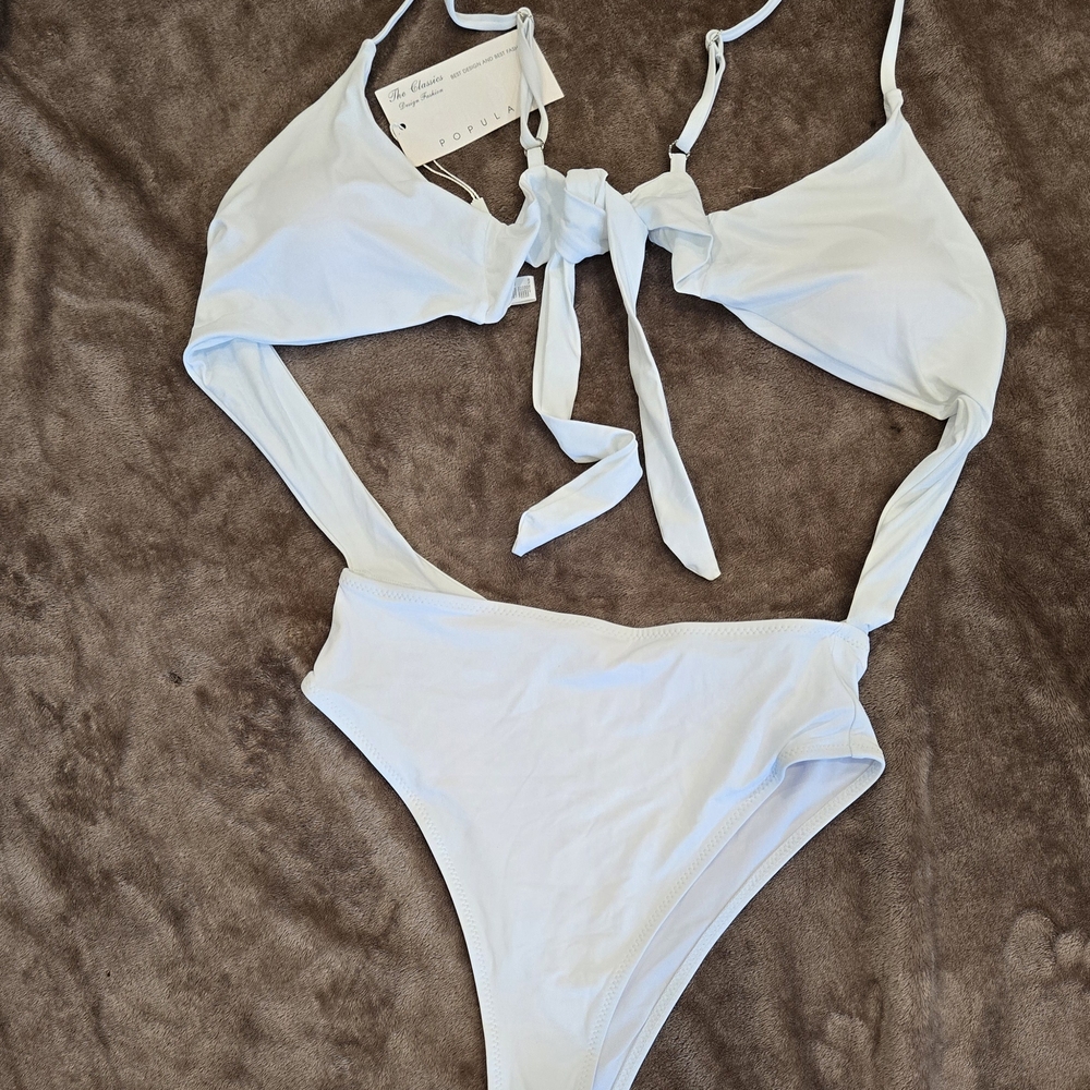 CHRYSII‎ White Cutout One-Piece Swimsuit Small Tie Front Adjustable
